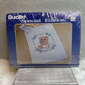 $36 🌙 Bucilla Pre Quilted Crib Cover Stamped Counted Cross Stitch Bedtime Bear